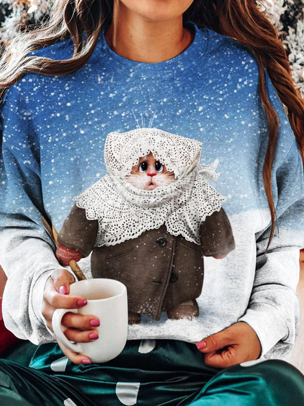 Women's Winter Cat Print Long Sleeve Top