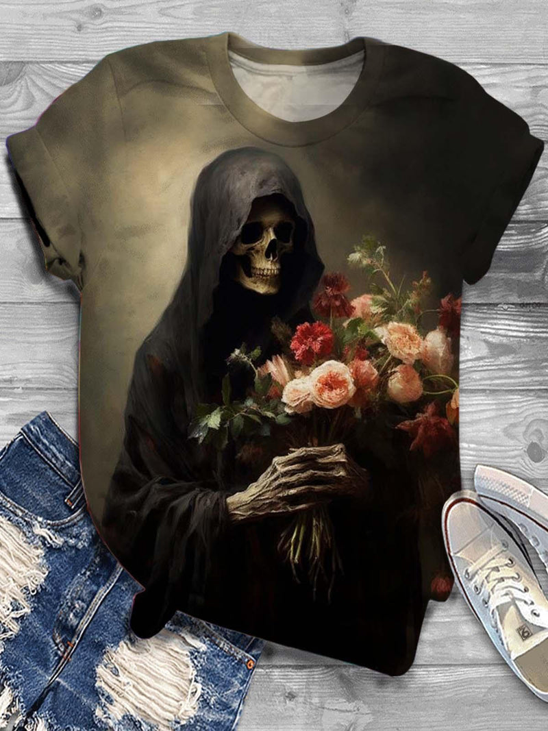 Floral Skull Print Round Neck Short Sleeve T-Shirt