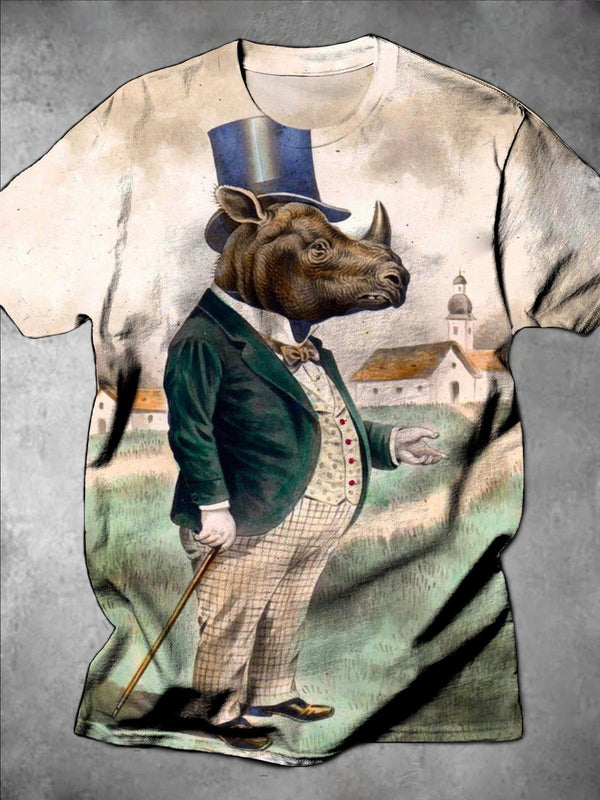 Vintage Rhino Print Round Neck Short Sleeve Men's T-shirt