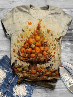 Vintage Pumpkin Tree Print Crew Neck T-Shirt