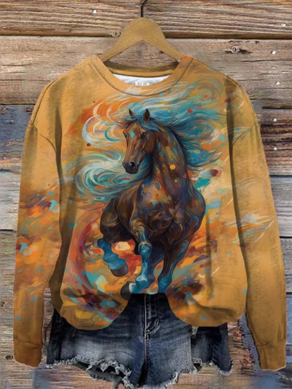 Women's Horse Art Print Crew Neck Long Sleeve Top