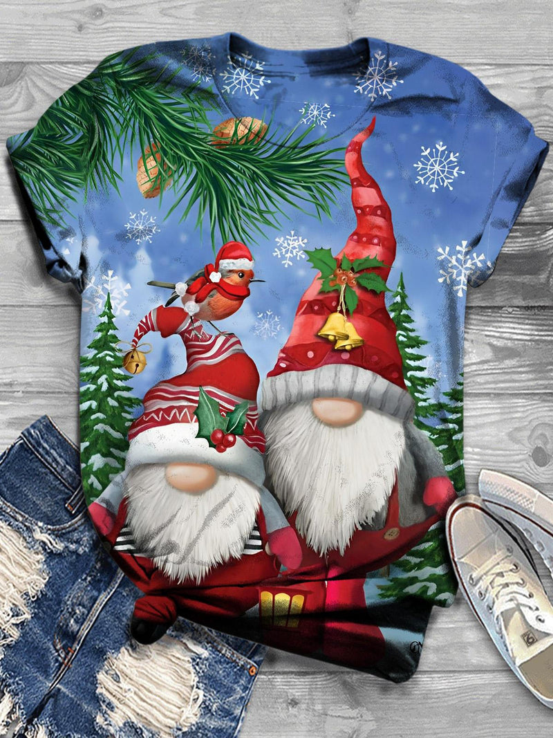 Christmas Gnomes Print Crewneck T-Shirt