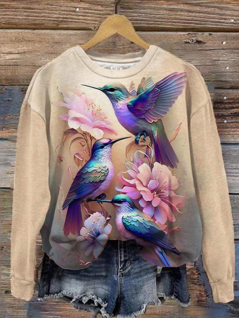 Women's Hummingbird Floral Print Long Sleeve Top