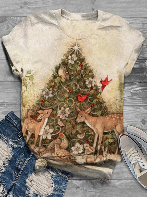 Vintage Christmas Elk Print Crew Neck T-Shirt