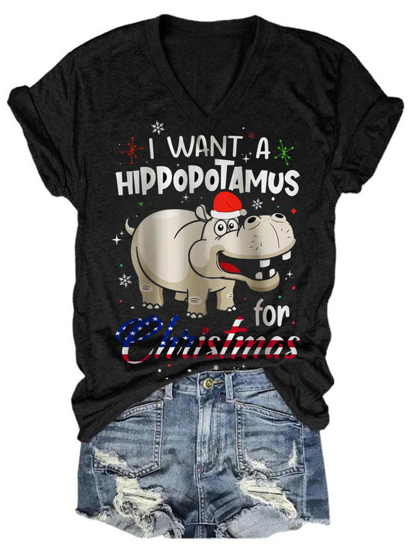 Christmas Hippopotamus V-Neck T-Shirt