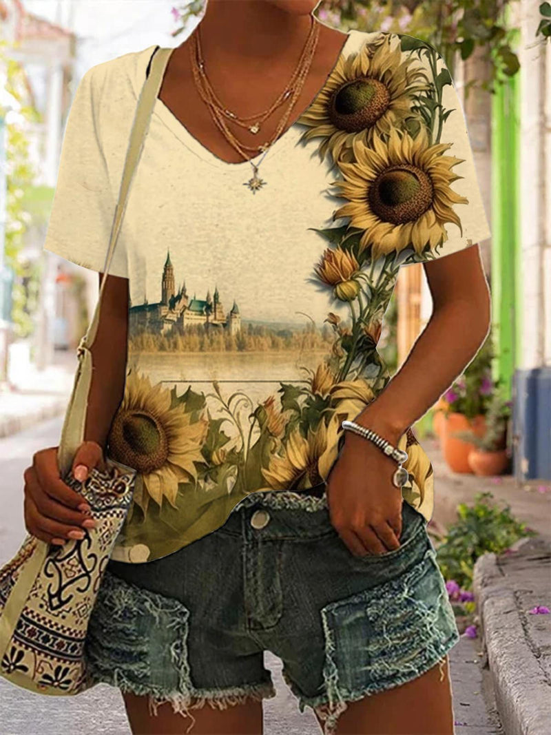 Women's Retro Sunflower Print Top