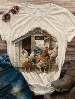Women's Farm Chicken Animal Print Retro Top