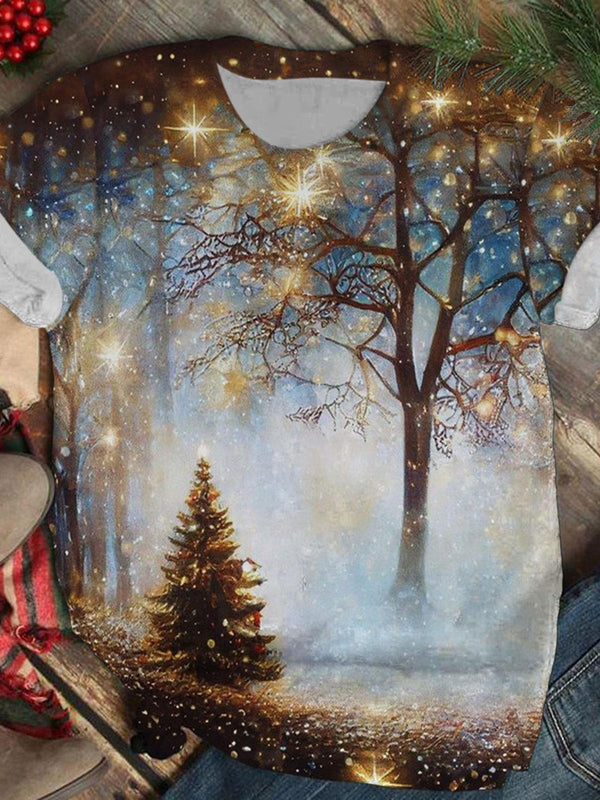Women's Christmas Snow Print Round Neck Short Sleeve T-Shirt