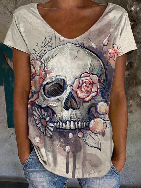 Rose Skull Print V-Neck Top