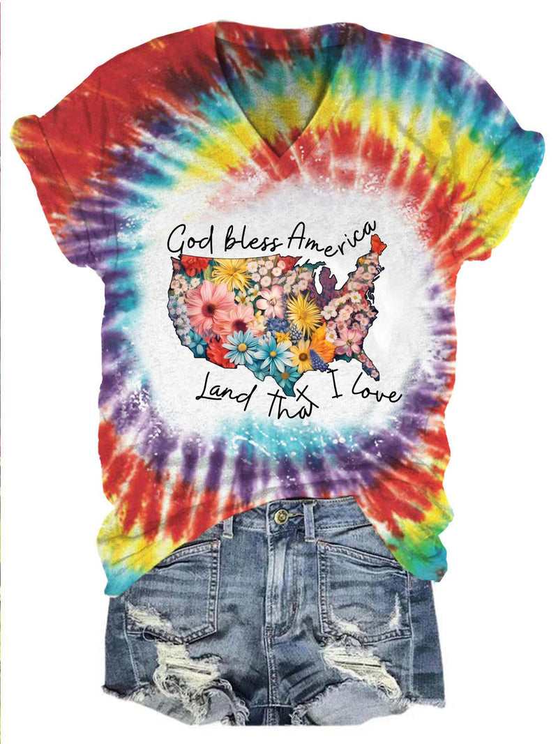 Women's God Bless America V-Neck Tie Dye Print Top