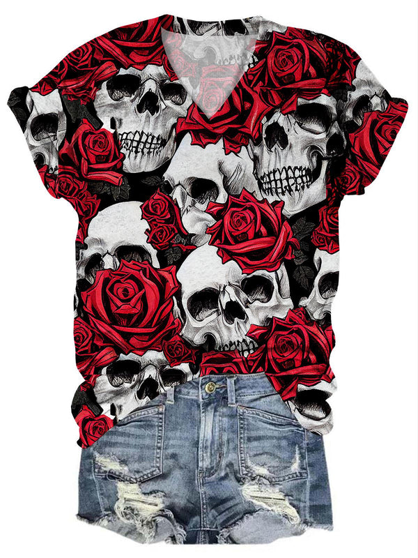 Skull Flower V Neck T-Shirt