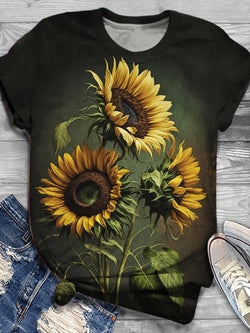 Women's Sunflower Print Round Neck Short Sleeve T-Shirt
