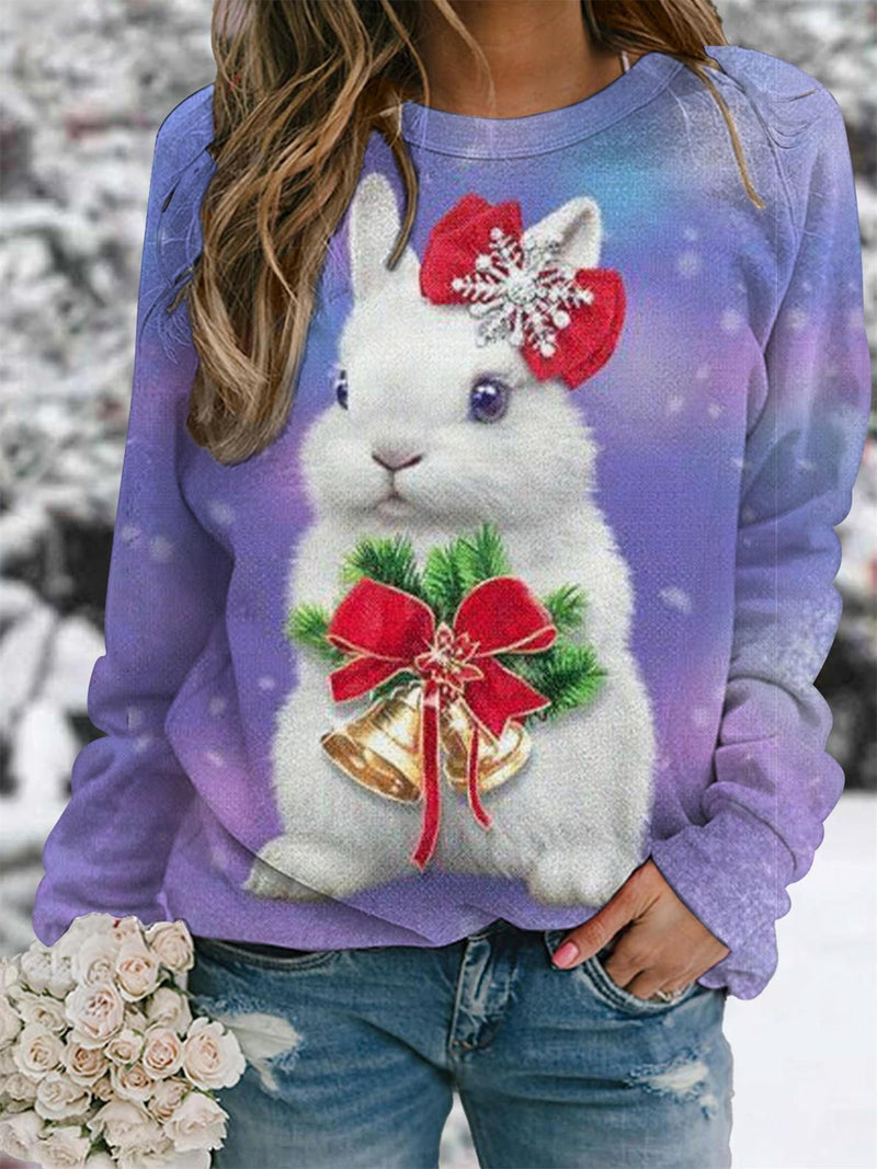 Christmas Cute Bunny Print Raglan Sleeve Top