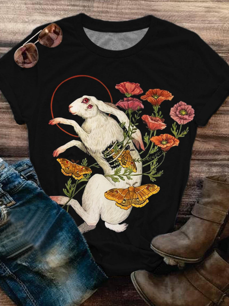 White Rabbit Floral Print Round Neck Short Sleeve T-Shirt