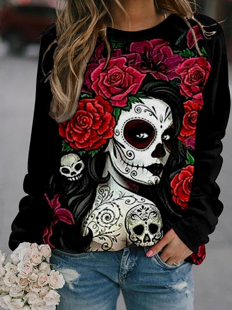 Rose Flower Skull Girl Long Sleeve Casual Top