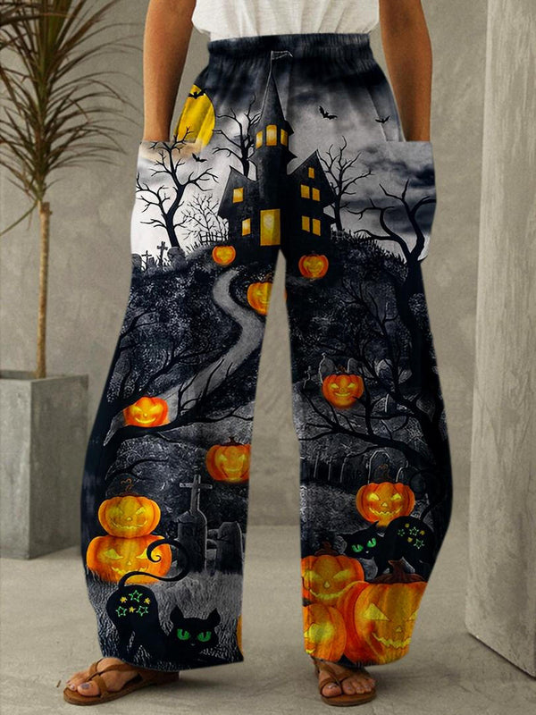 Halloween Pumpkin Cat Print Pocket Trousers