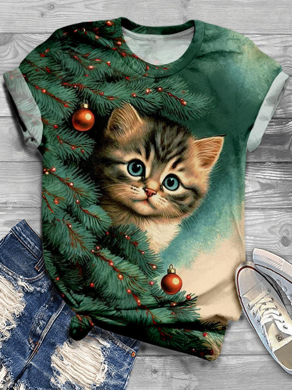 Christmas Tree Kitten Crew Neck T-shirt