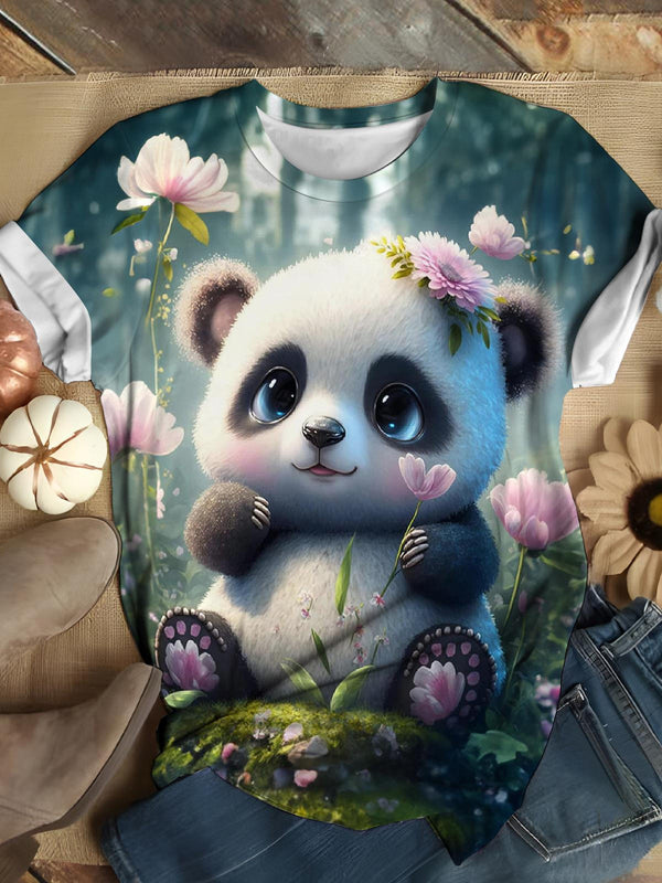 Flower Baby Panda Print Casual T-shirt