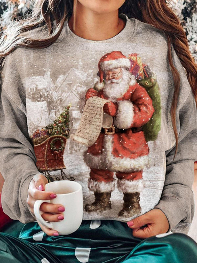 Women's Santa Print Long Sleeve Casual Top