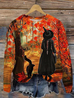 Women's Fall Maple Leaf Witch Cat Print Top