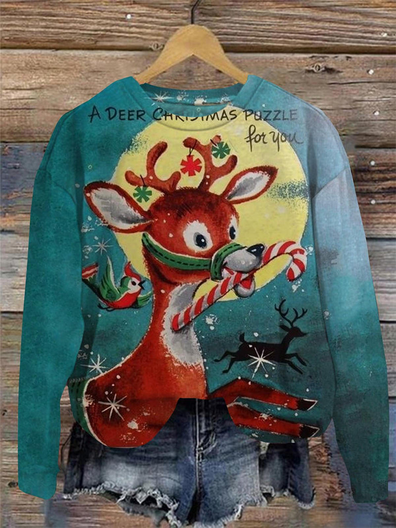 Christmas Deer Round Neck Long Sleeve Top