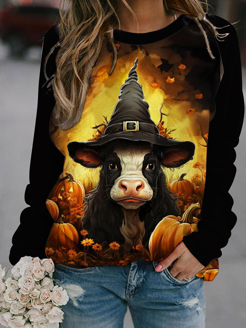 Women's Funny Cow Halloween Print Crew Neck Long Sleeve Top