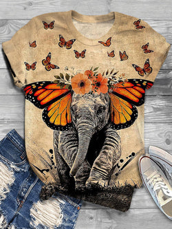 Elephant Butterfly Print Crew Neck T-shirt