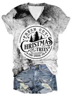 Tie Dye Christmas Tree Print V-Neck T-Shirt