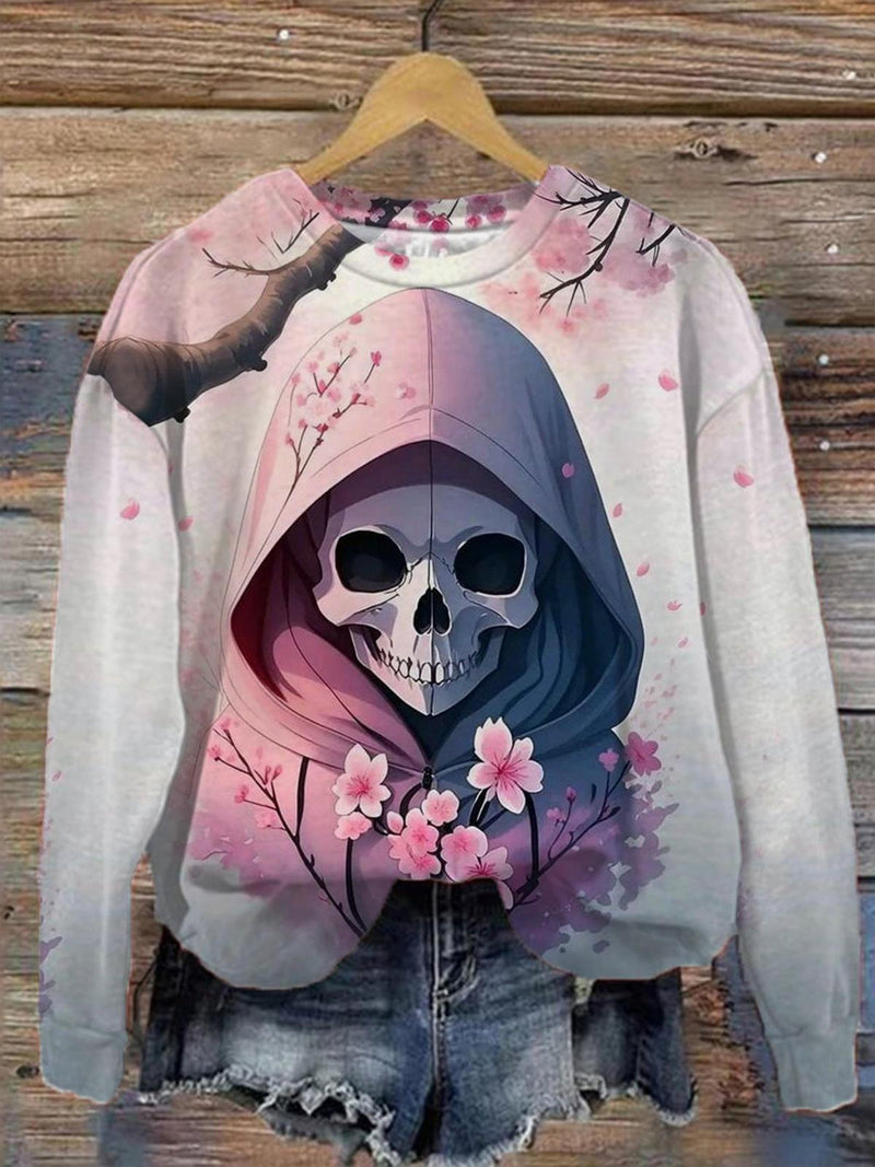 Women's Floral Skull Print Round Neck Long Sleeve Top