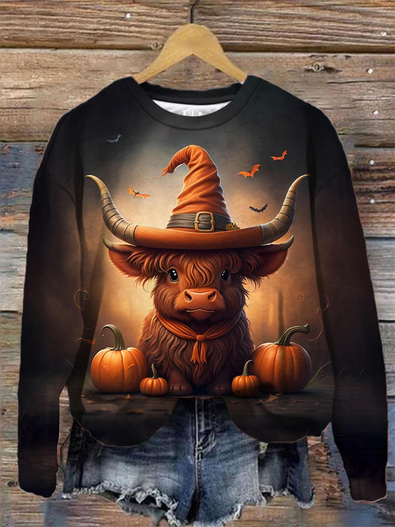 Witches Hat Highland Cow Print Round Neck Top