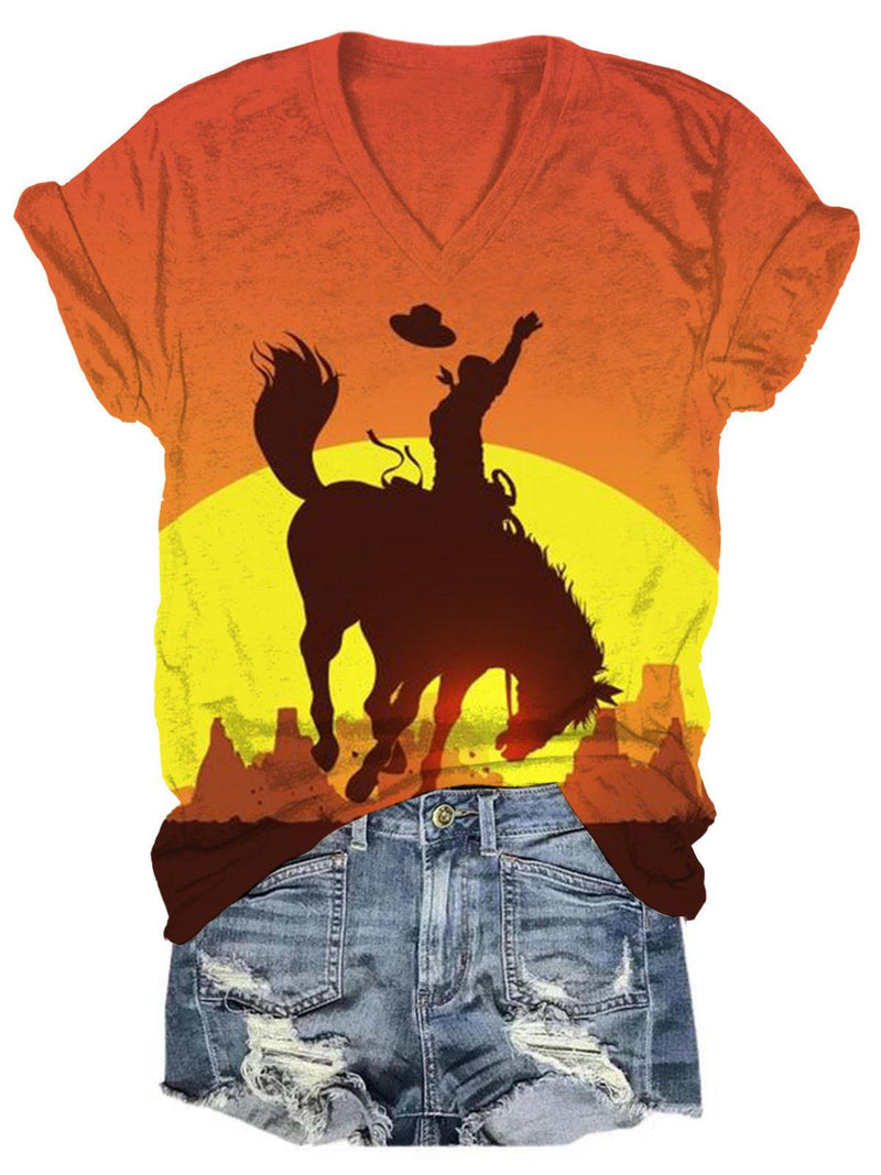Women's Western Cowboy Print V-Neck T-Shirt