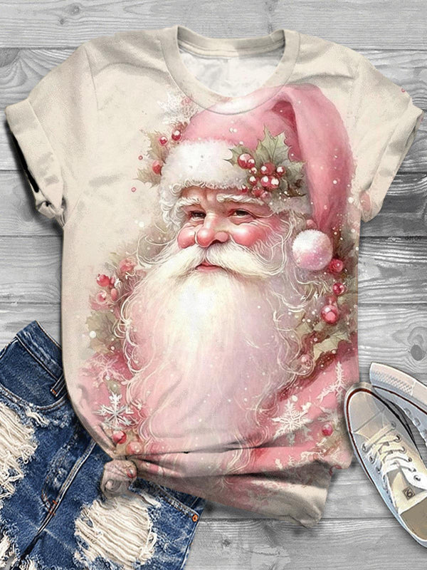 Pink Santa Print Crew Neck T-shirt