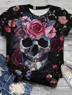 Floral Skull Crewneck T-Shirt