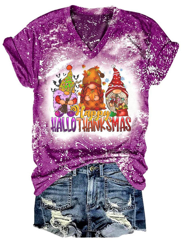 Happy Hallothanksmas Gnomes Print Tie Dye Shirt