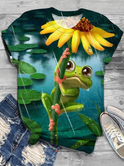 Frog Sunflower Lotus Leaf Crew Neck T-shirt