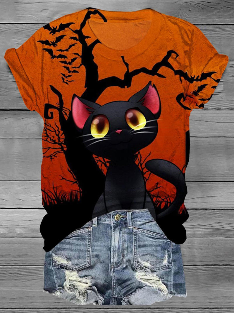 Halloween Black Cat Crew Neck T-shirt