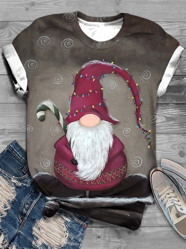 Women's Vintage Christmas Gnome Print Crew Neck T-Shirt