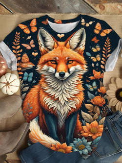 Floral Fox Print Crew Neck T-Shirt