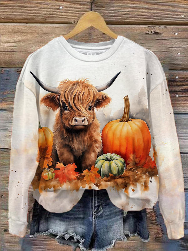 Autumn Pumpkin Cow Crew Neck Long Sleeve Top