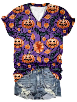 Pumpkin Bat Print V-Neck T-Shirt