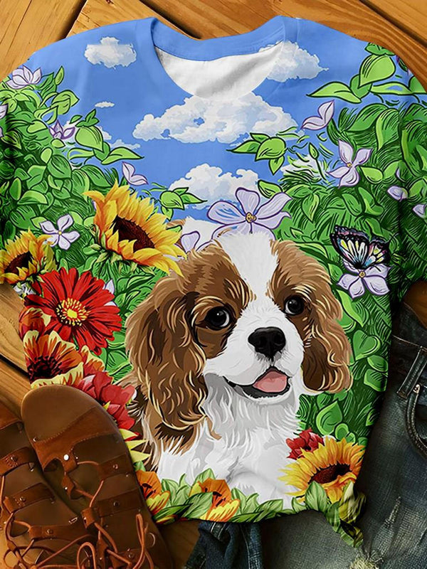 Sunflower Garden Puppy Print Casual T-shirt