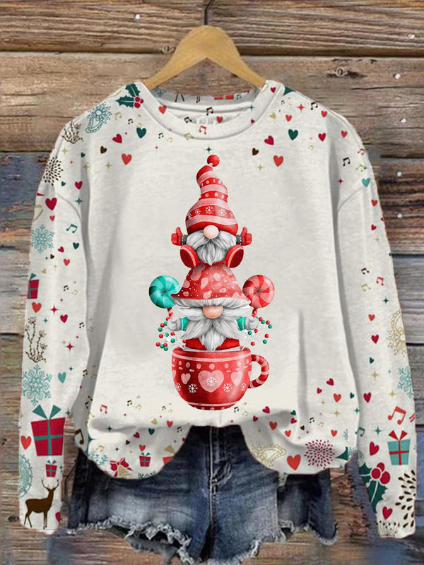 Women's Funny Gnome Print Round Neck Long Sleeve Top