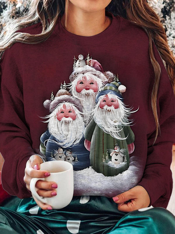 Santa Claus and Snowman Print Long Sleeve Casual Top