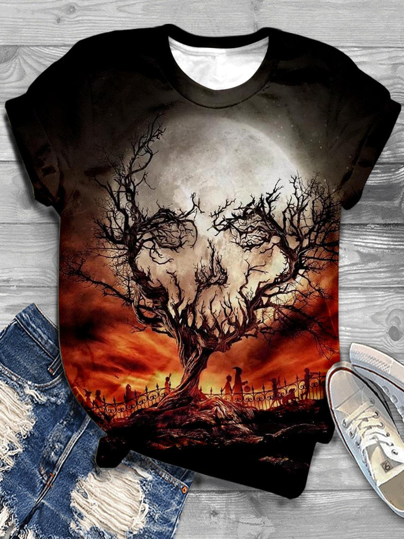 Moon Skeleton Tree Print Casual T-shirt
