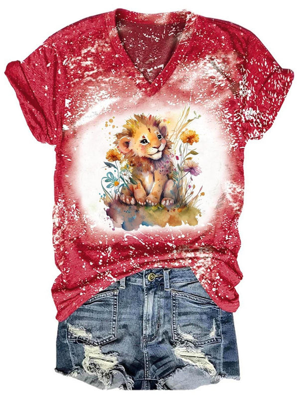 Floral Baby Lion Tie-Dye Print V-Neck Top
