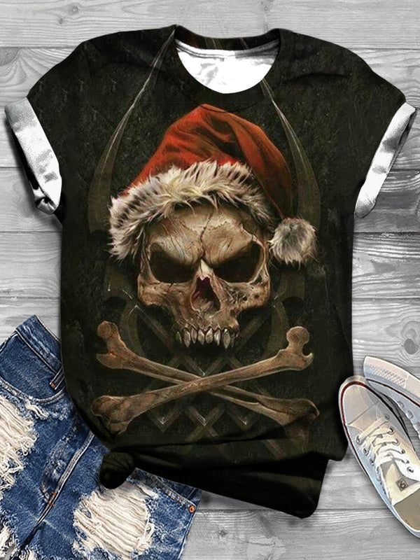 Santa Hat Skull Print Crew Neck T-Shirt