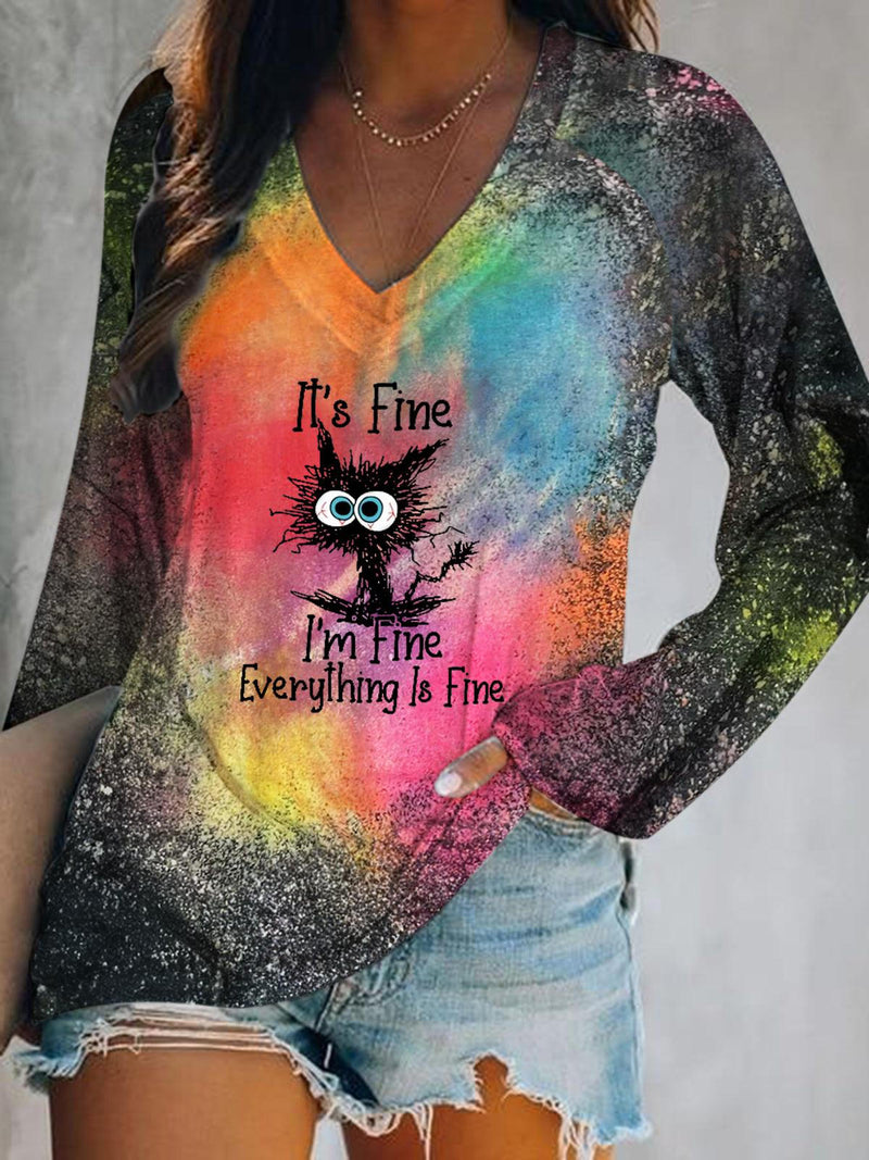Its Fine Im Fine Everything Is Fine Funny Cat Print V-Neck Long Sleeve Top