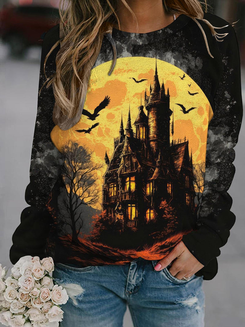 Halloween Castle Bat Moon Round Neck Long Sleeve Top