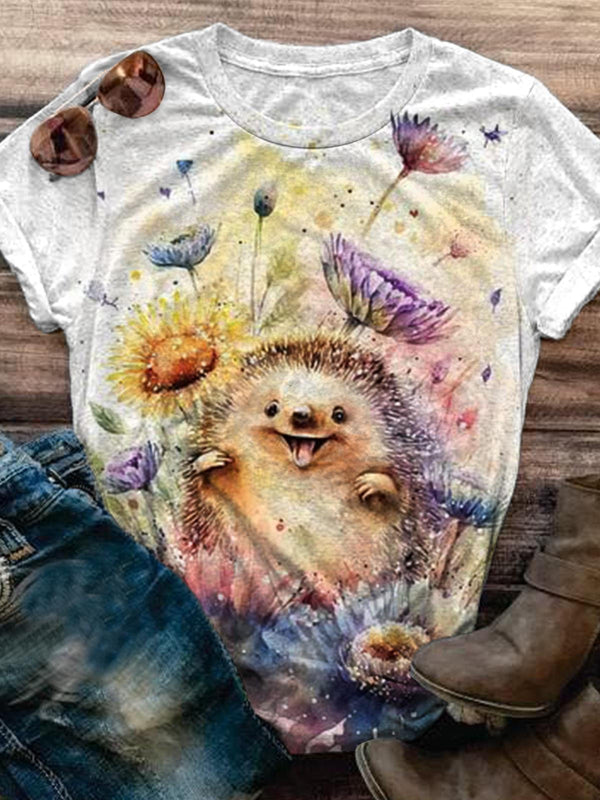 Women's Floral Hedgehog Print Round Neck Short Sleeve T-Shirt