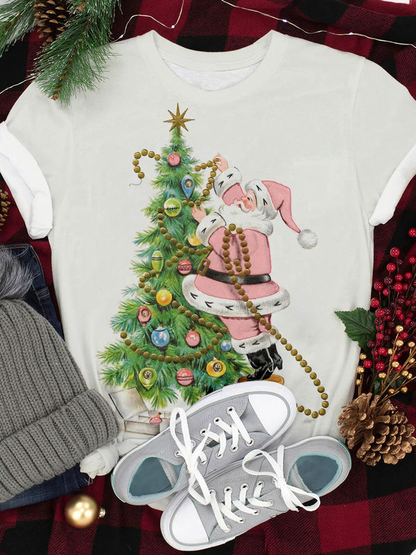 Pink Santa And Christmas Tree Crew Neck T-shirt